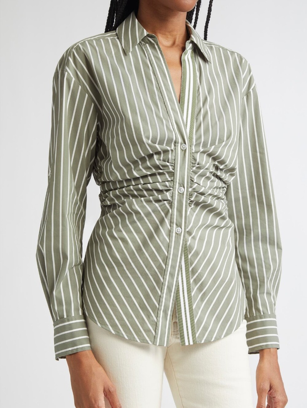 Veronica Beard Devra Stripe Ruched Cotton Blend Button-Up Shirt - Picture 6 of 8